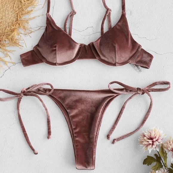 Khaki Velvet Triangle Two Piece Bikini Set - Picture 2 of 8